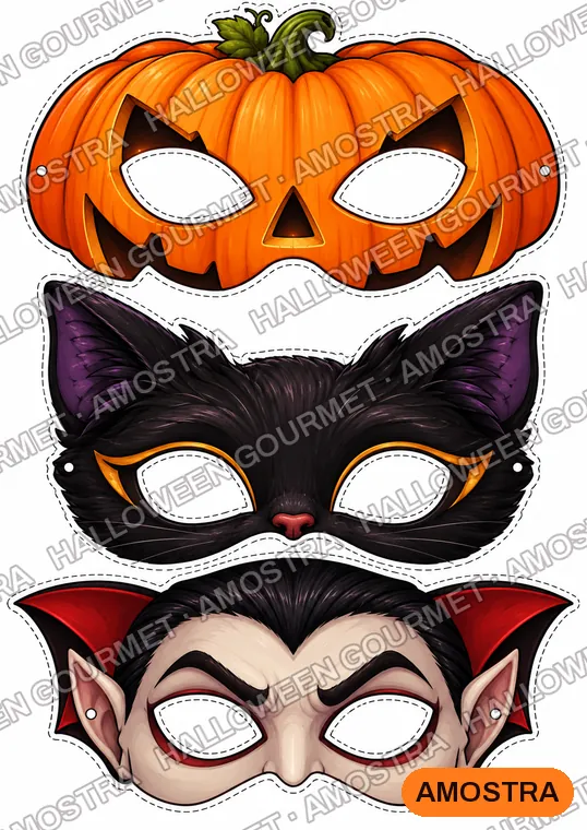 Folha A4 com máscaras de abóbora, gato preto e vampiro para recortar