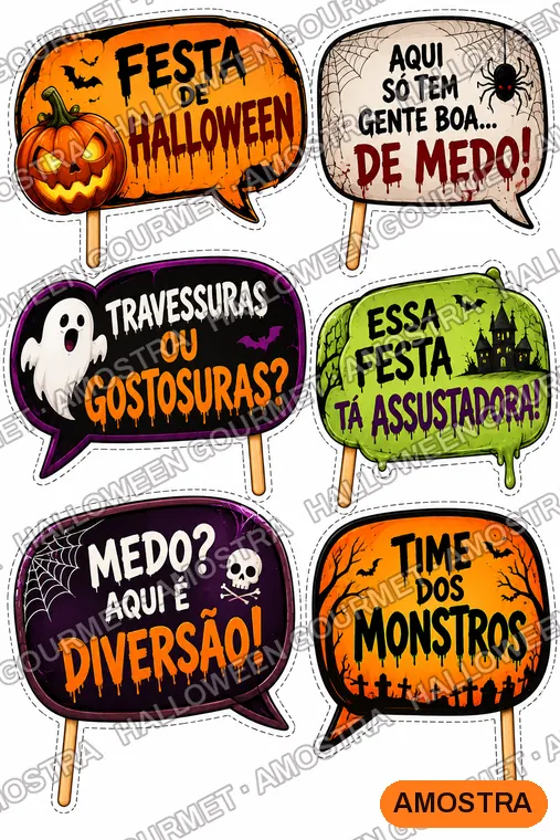 Folha com plaquinhas de frases como Travessuras ou gostosuras