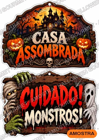 Página 15: Placas: Casa assombrada e Cuidado, monstros